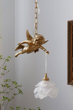 Lampa Wisząca Art Deco ze Złotą Figurką Anioła i Kloszem Kwiatowym - 5