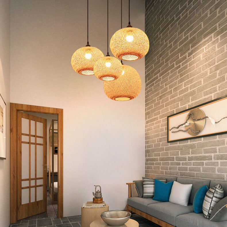 Lampa Wisząca Bambusowa Boho z Plecioną Okrągłą Kloszą - 12