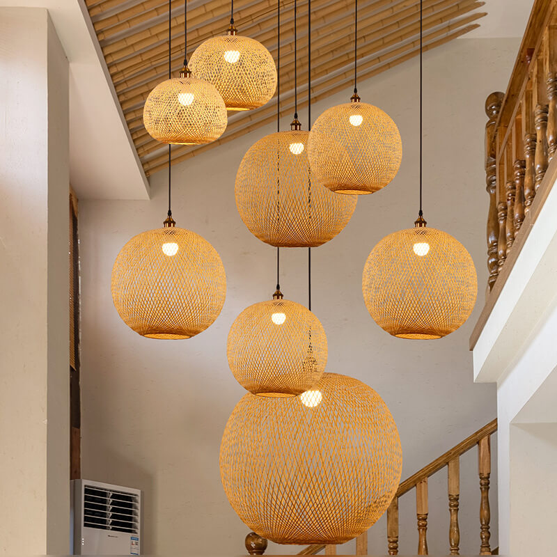 Lampa Wisząca Bambusowa Boho z Plecioną Okrągłą Kloszą