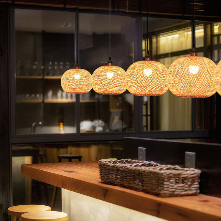 Lampa Wisząca Bambusowa Boho z Plecioną Okrągłą Kloszą - 5