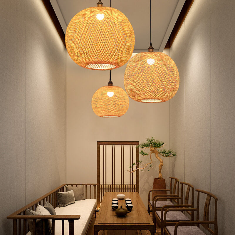 Lampa Wisząca Bambusowa Boho z Plecioną Okrągłą Kloszą - 8