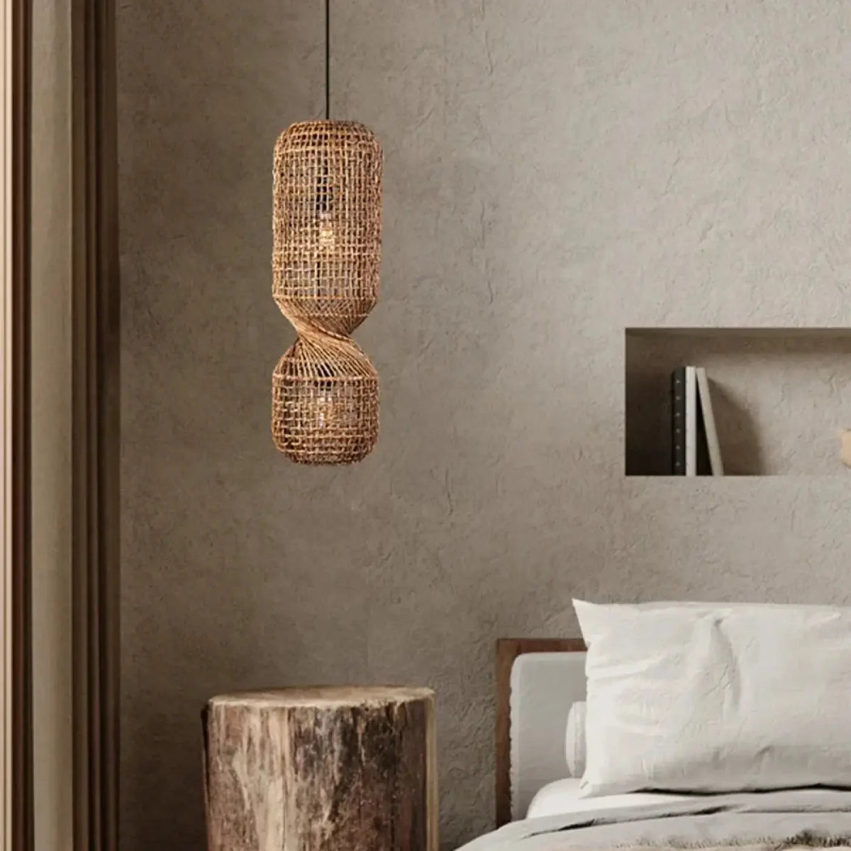 Lampa Wisząca Boho z Plecioną Rattanową Kloszą w Kształcie Klepsydry - 3