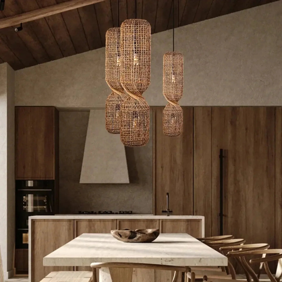Lampa Wisząca Boho z Plecioną Rattanową Kloszą w Kształcie Klepsydry