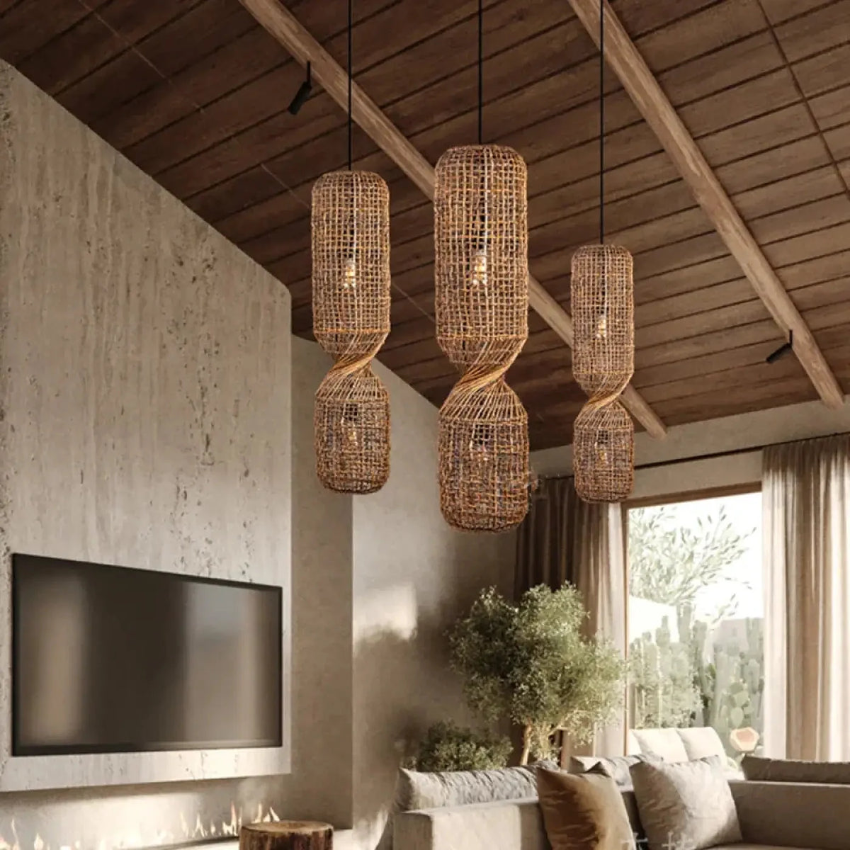 Lampa Wisząca Boho z Plecioną Rattanową Kloszą w Kształcie Klepsydry - 5