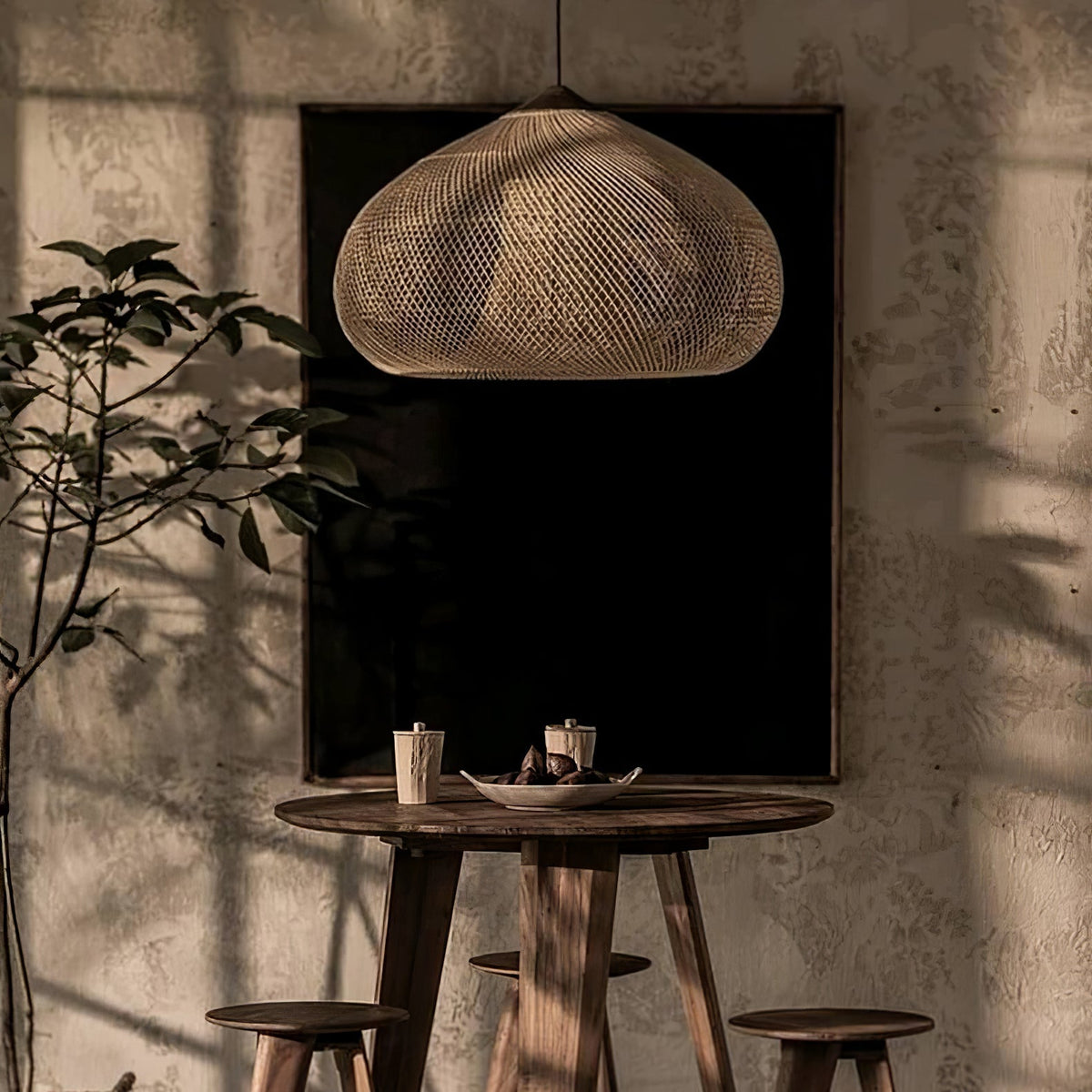 Lampa Wisząca Boho z Plecionego Rattanu z Drewnianym Wykończeniem - 11