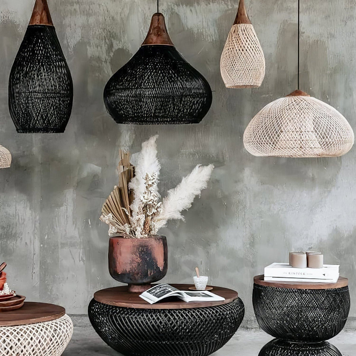 Lampa Wisząca Boho z Plecionego Rattanu z Drewnianym Wykończeniem - 14