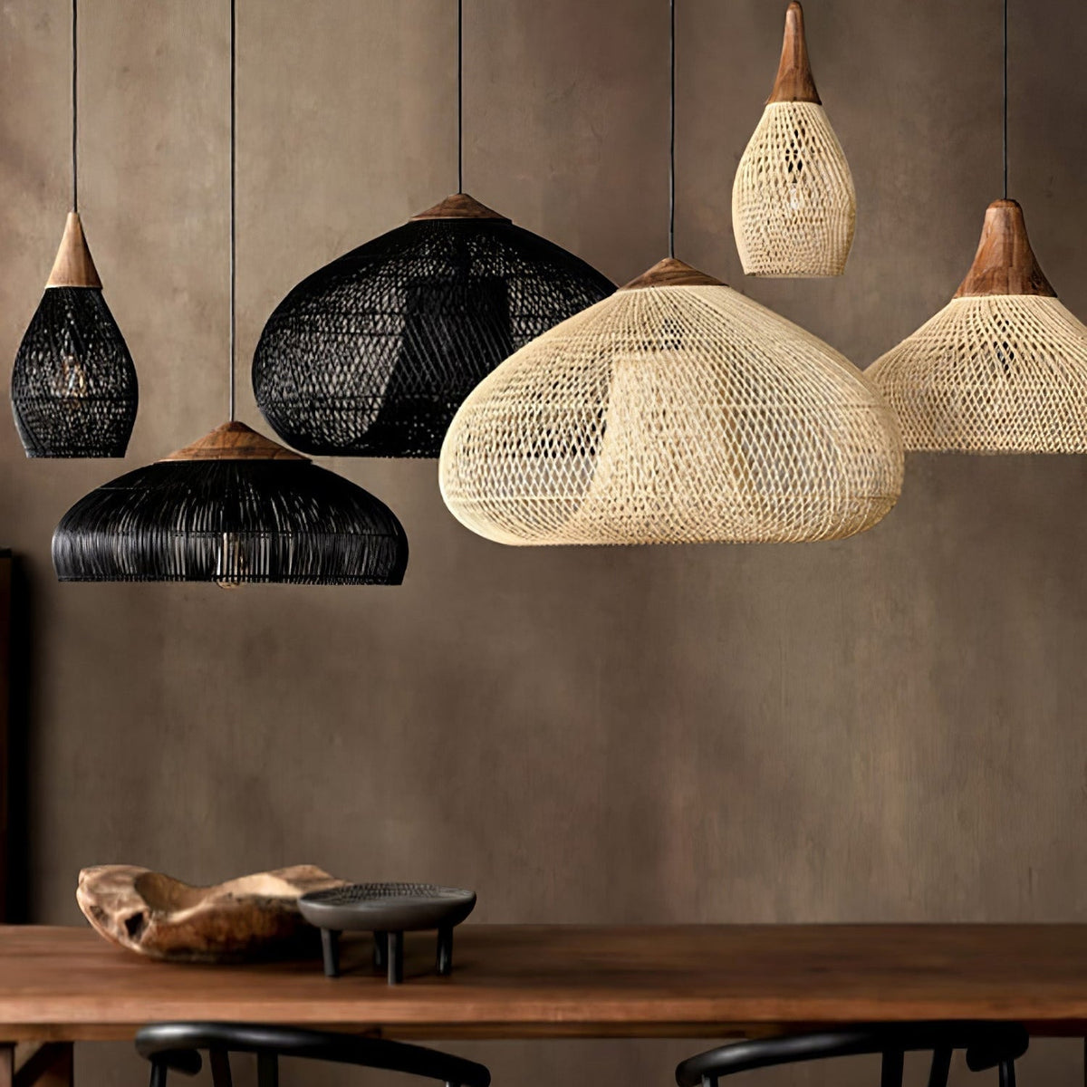 Lampa Wisząca Boho z Plecionego Rattanu z Drewnianym Wykończeniem - 18