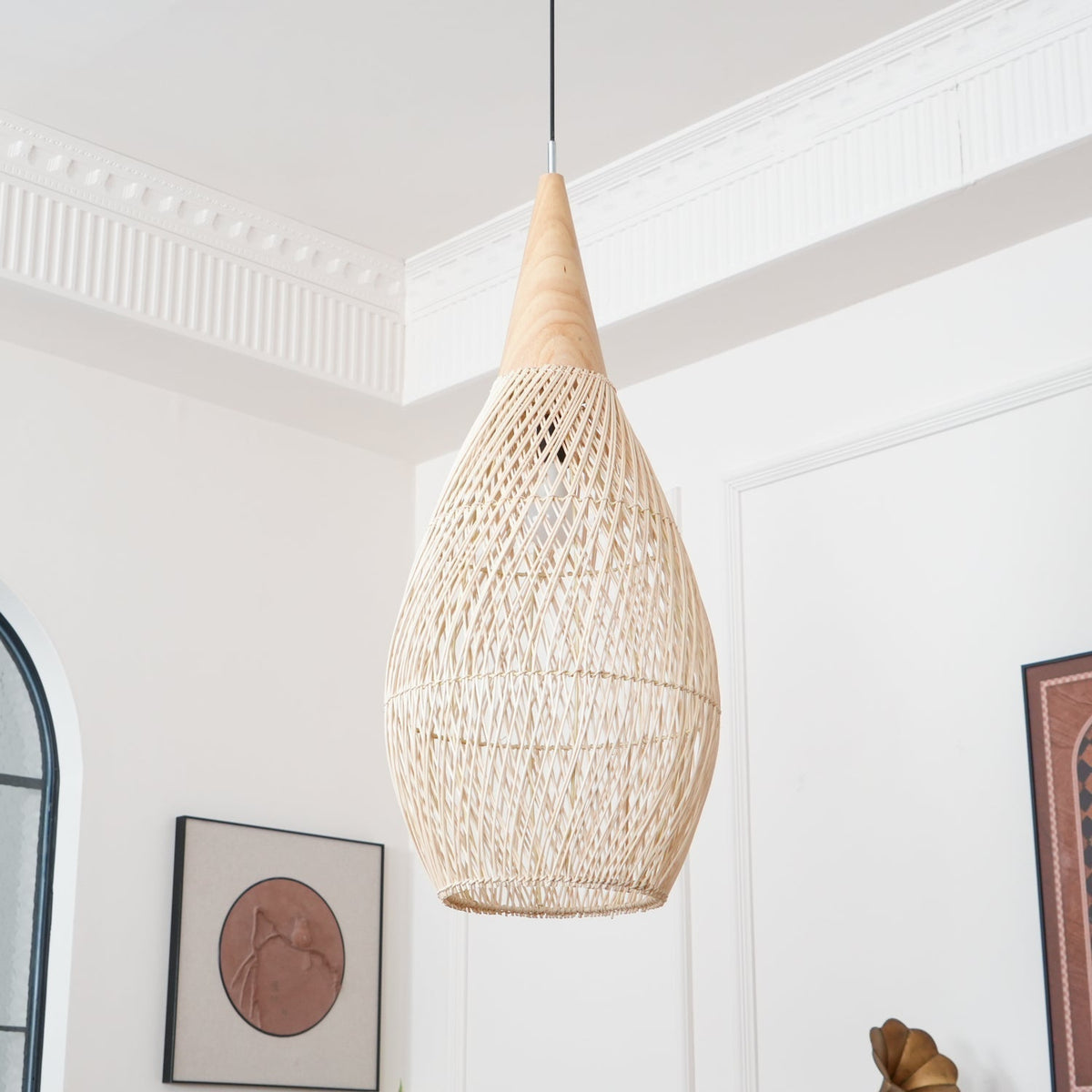 Lampa Wisząca Boho z Plecionego Rattanu z Drewnianym Wykończeniem - 5