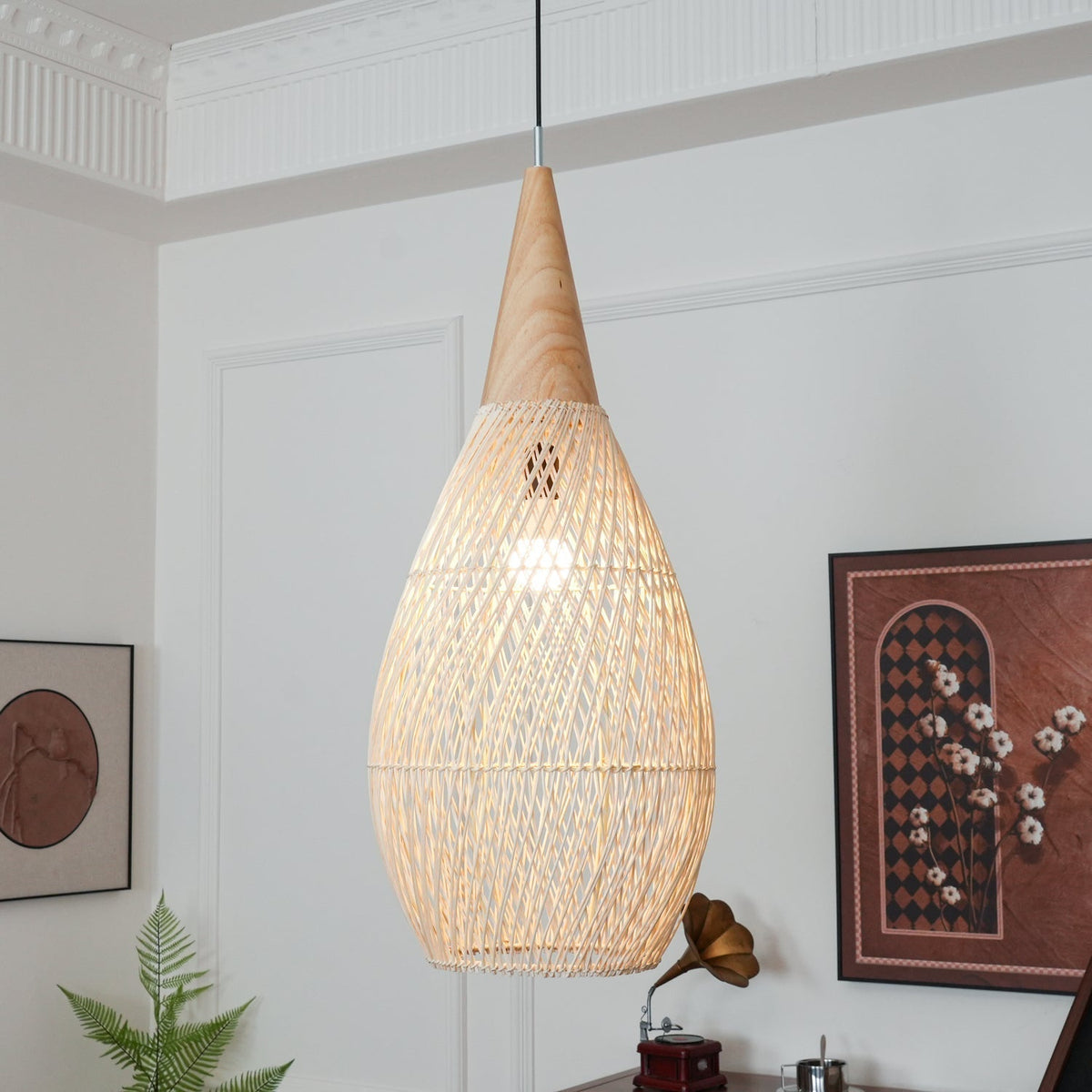 Lampa Wisząca Boho z Plecionego Rattanu z Drewnianym Wykończeniem - 6