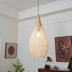 Lampa Wisząca Boho z Plecionego Rattanu z Drewnianym Wykończeniem