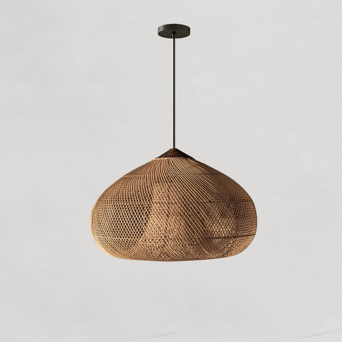 Lampa Wisząca Boho z Plecionego Rattanu z Drewnianym Wykończeniem - Drewno Naturalne i Naturalny Rattan