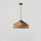 Lampa Wisząca Boho z Plecionego Rattanu z Drewnianym Wykończeniem - Drewno Naturalne i Naturalny Rattan