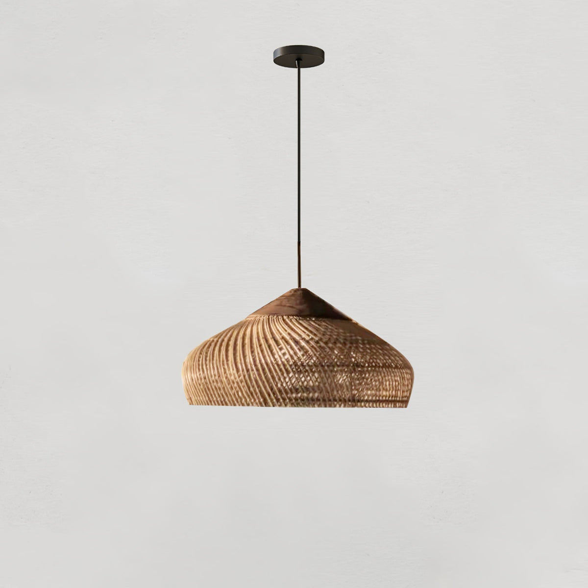 Lampa Wisząca Boho z Plecionego Rattanu z Drewnianym Wykończeniem - Drewno Naturalne i Naturalny Rattan