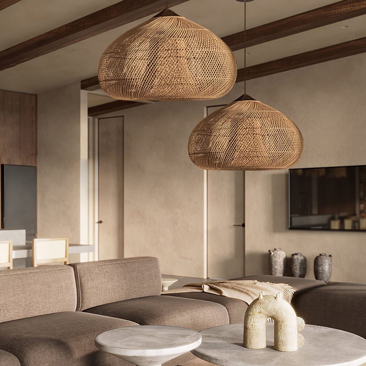 Lampa Wisząca Boho z Plecionego Rattanu z Drewnianym Wykończeniem - 8