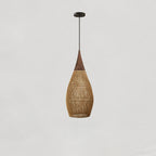 Lampa Wisząca Boho z Plecionego Rattanu z Drewnianym Wykończeniem - Drewno Naturalne i Naturalny Rattan
