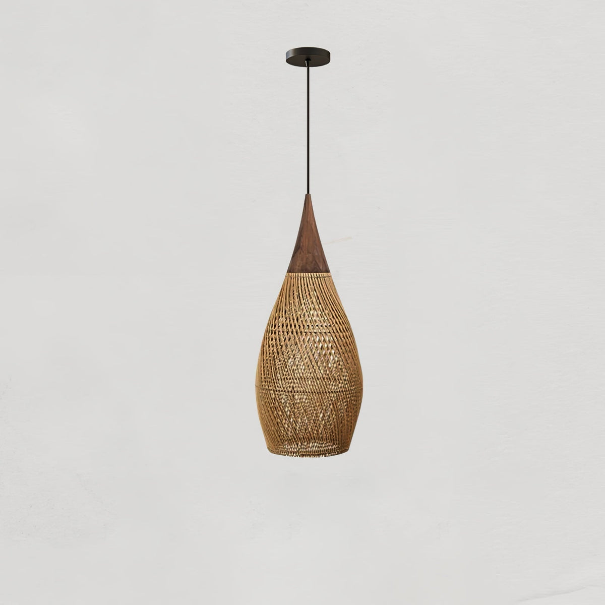 Lampa Wisząca Boho z Plecionego Rattanu z Drewnianym Wykończeniem - Drewno Naturalne i Naturalny Rattan