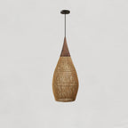 Lampa Wisząca Boho z Plecionego Rattanu z Drewnianym Wykończeniem - Drewno Naturalne i Naturalny Rattan