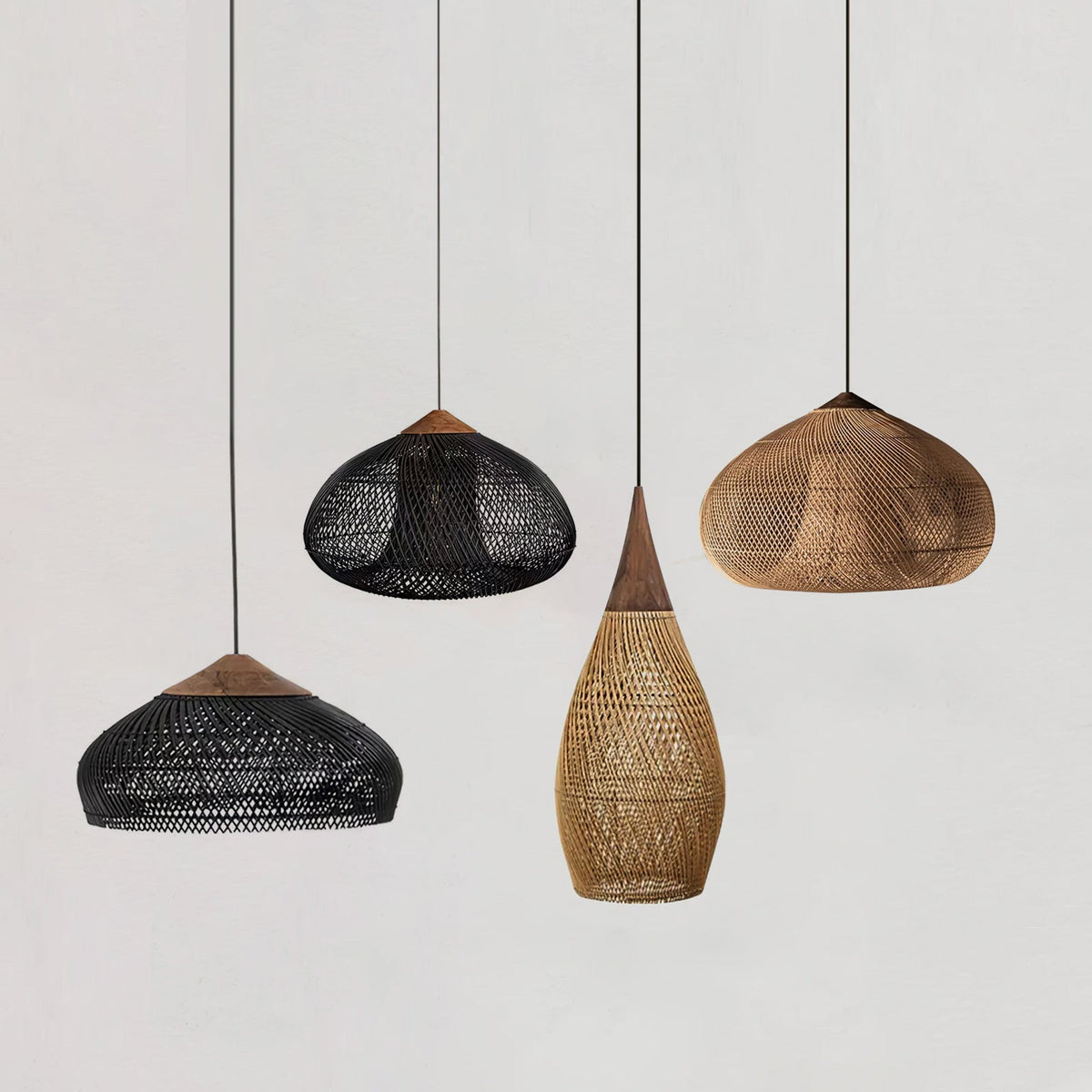 Lampa Wisząca Boho z Plecionego Rattanu z Drewnianym Wykończeniem - Drewno Naturalne i Naturalny Rattan