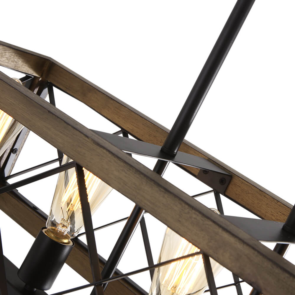 Lampa Wisząca Industrialna z Drewnianą Ramą i Metalową Kratą na Pięć Żarówek - 11