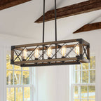 Lampa Wisząca Industrialna z Drewnianą Ramą i Metalową Kratą na Pięć Żarówek - 3