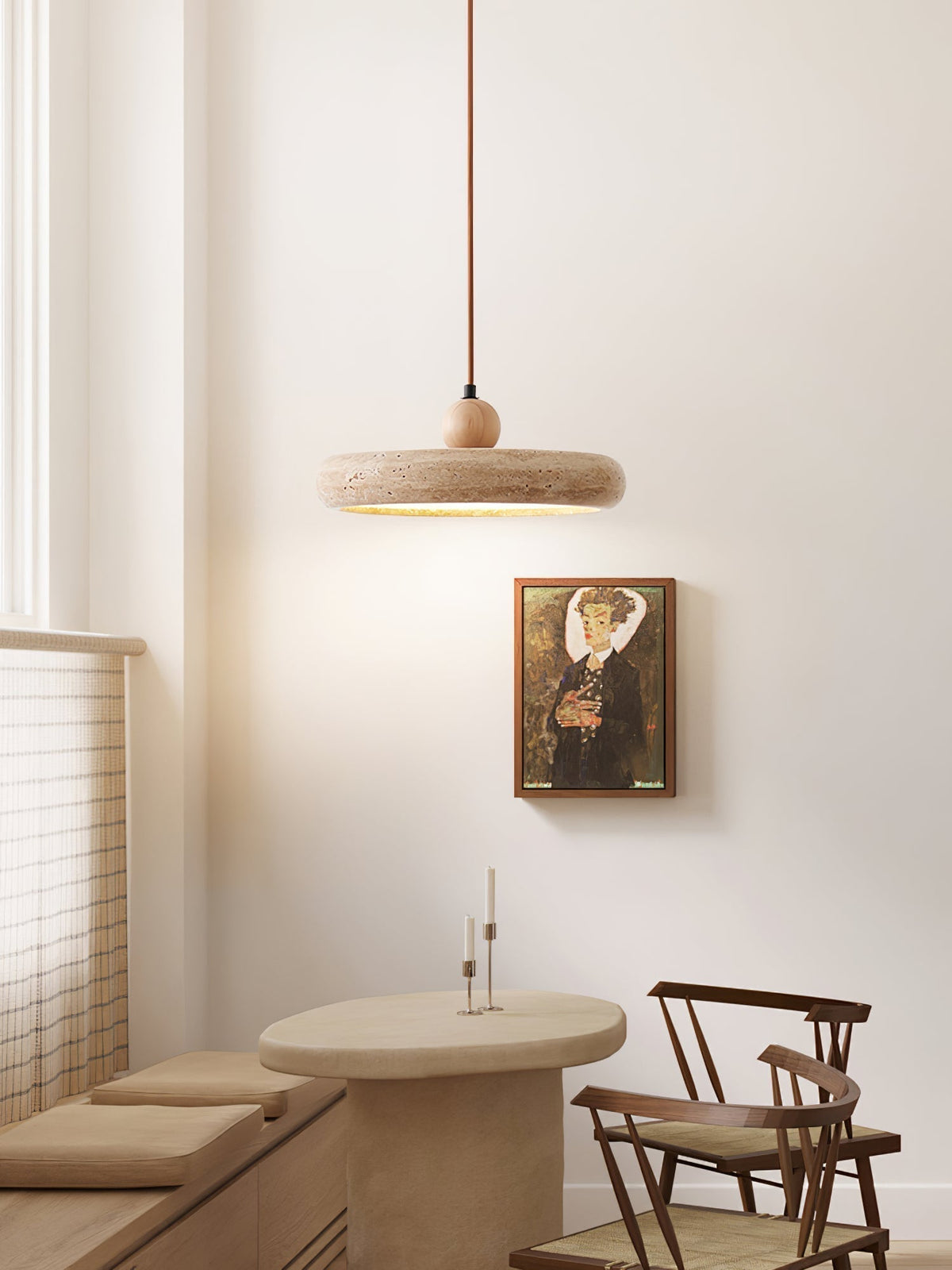 Lampa Wisząca Minimalistyczna z Trawertynowym Kloszem i Drewnianym Detalem - 9