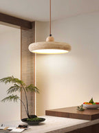 Lampa Wisząca Minimalistyczna z Trawertynowym Kloszem i Drewnianym Detalem - 13
