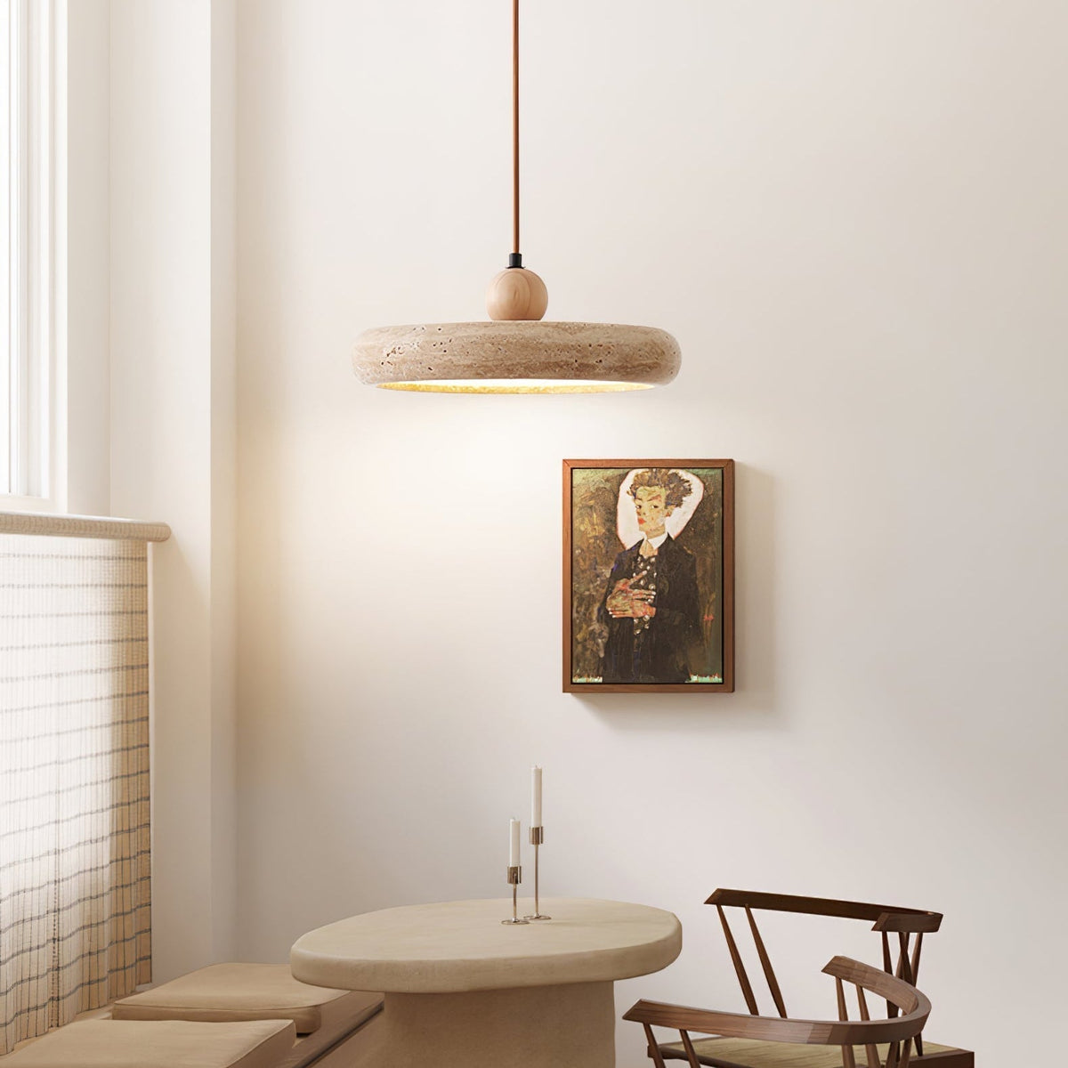 Lampa Wisząca Minimalistyczna z Trawertynowym Kloszem i Drewnianym Detalem - 3