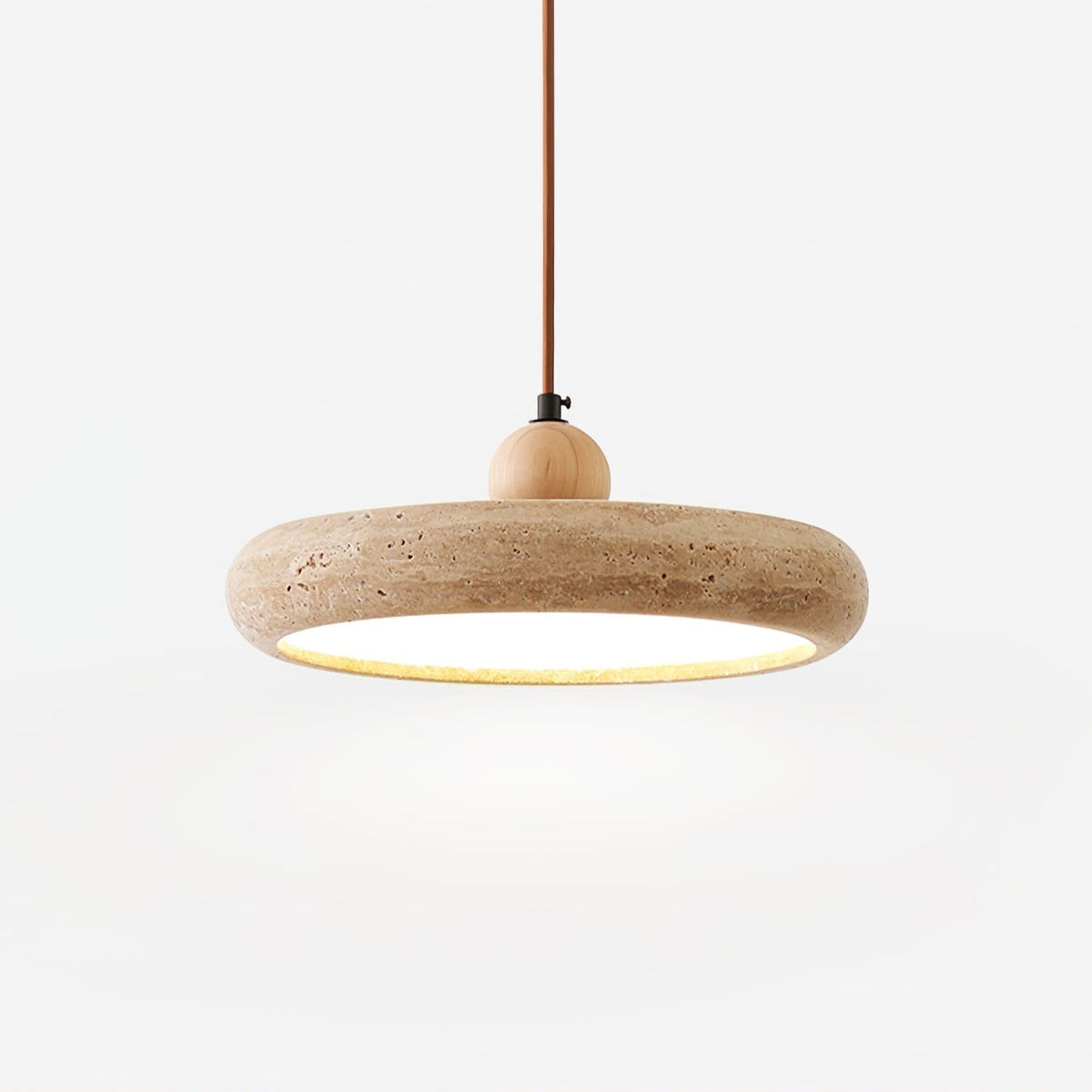 Lampa Wisząca Minimalistyczna z Trawertynowym Kloszem i Drewnianym Detalem - 7