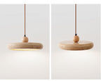 Lampa Wisząca Minimalistyczna z Trawertynowym Kloszem i Drewnianym Detalem - 8