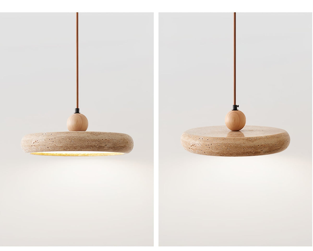 Lampa Wisząca Minimalistyczna z Trawertynowym Kloszem i Drewnianym Detalem - 8