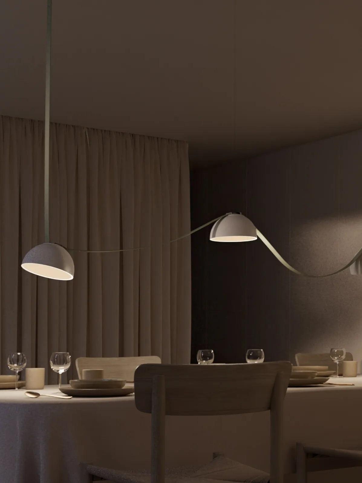 Lampa Wisząca Modernistyczna z Półkulistymi Kloszami na Skórzanych Taśmach - 9