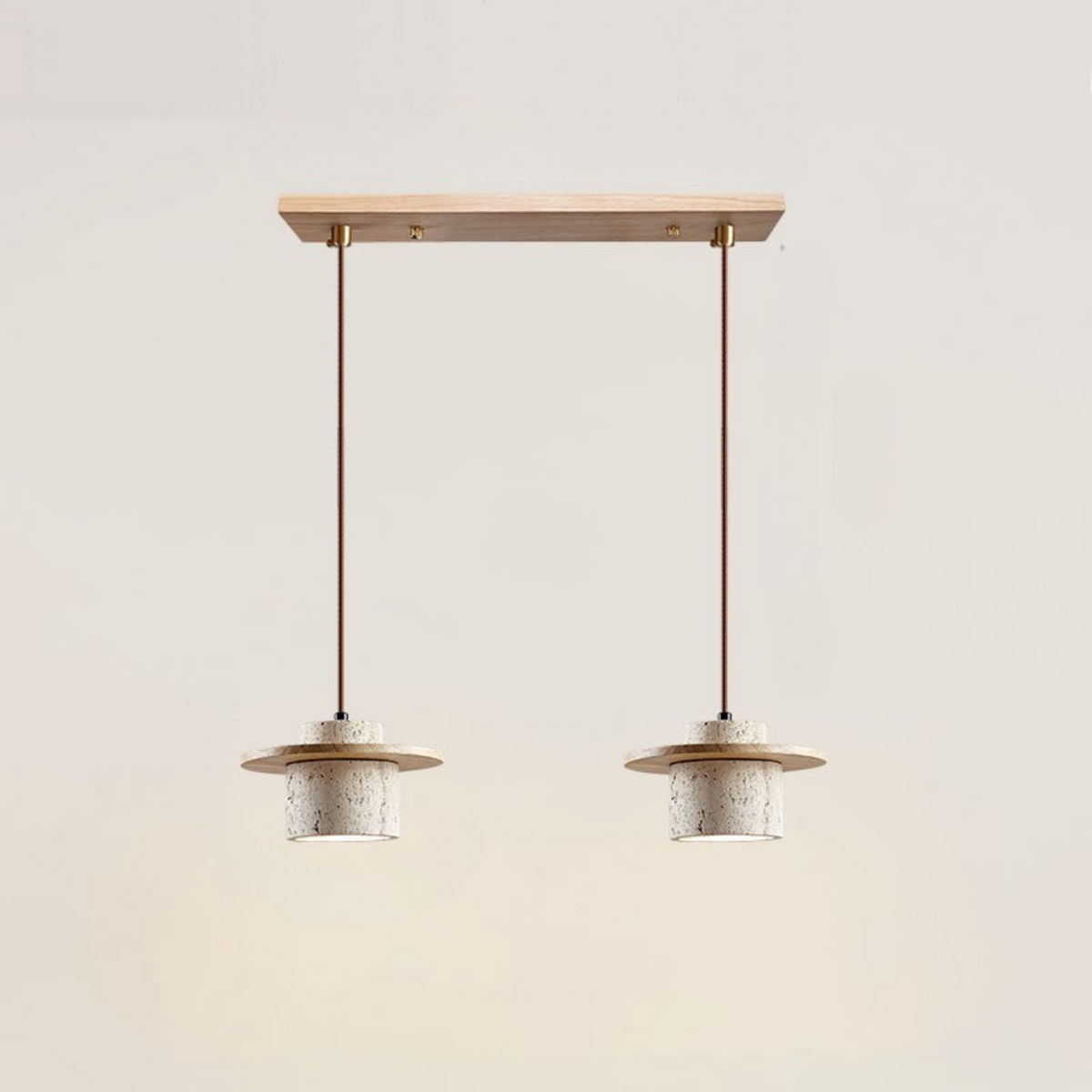 Lampa Wisząca Modernistyczna z Trawertynowym Kloszem i Drewnianym Dyskiem - Drewno