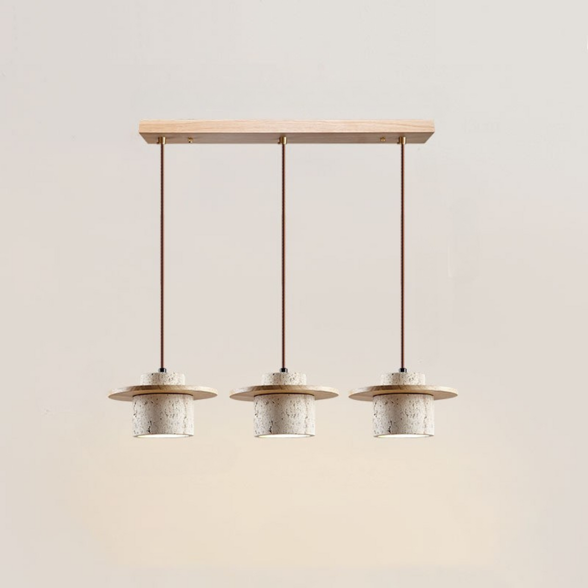Lampa Wisząca Modernistyczna z Trawertynowym Kloszem i Drewnianym Dyskiem - Drewno