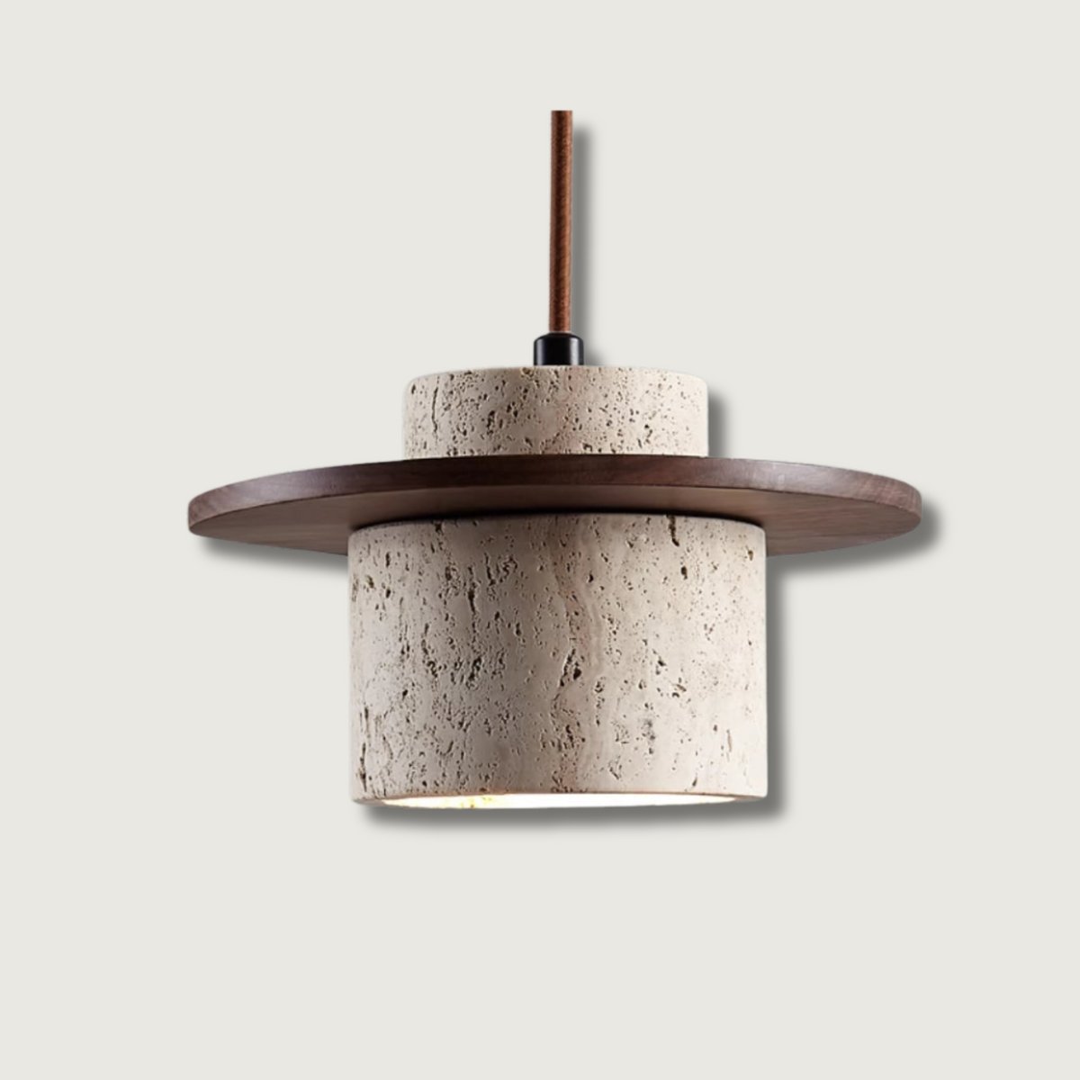 Lampa Wisząca Modernistyczna z Trawertynowym Kloszem i Drewnianym Dyskiem - Orzech