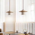 Lampa Wisząca Modernistyczna z Trawertynowym Kloszem i Drewnianym Dyskiem