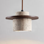 Lampa Wisząca Modernistyczna z Trawertynowym Kloszem i Drewnianym Dyskiem - 4