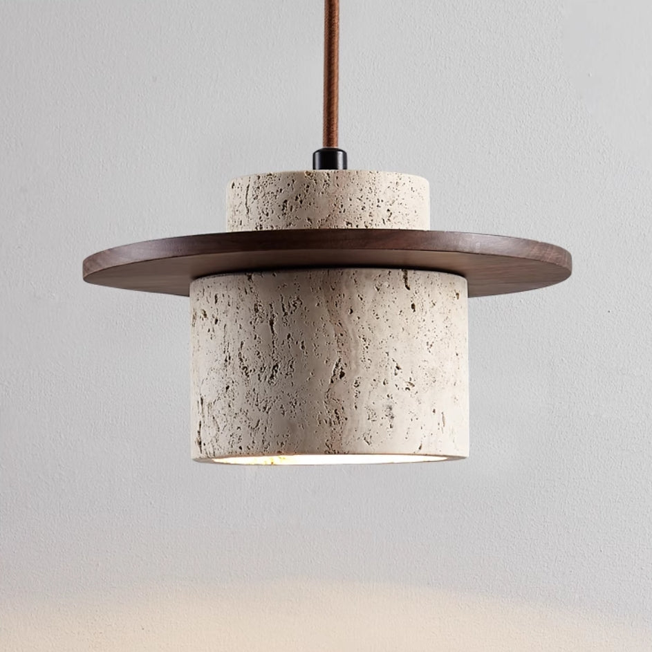 Lampa Wisząca Modernistyczna z Trawertynowym Kloszem i Drewnianym Dyskiem - 4