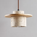 Lampa Wisząca Modernistyczna z Trawertynowym Kloszem i Drewnianym Dyskiem - 5