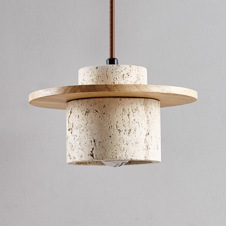 Lampa Wisząca Modernistyczna z Trawertynowym Kloszem i Drewnianym Dyskiem - 5