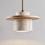 Lampa Wisząca Modernistyczna z Trawertynowym Kloszem i Drewnianym Dyskiem - Drewno