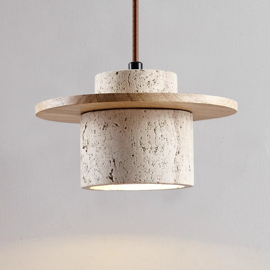 Lampa Wisząca Modernistyczna z Trawertynowym Kloszem i Drewnianym Dyskiem - Drewno