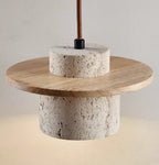 Lampa Wisząca Modernistyczna z Trawertynowym Kloszem i Drewnianym Dyskiem - 7