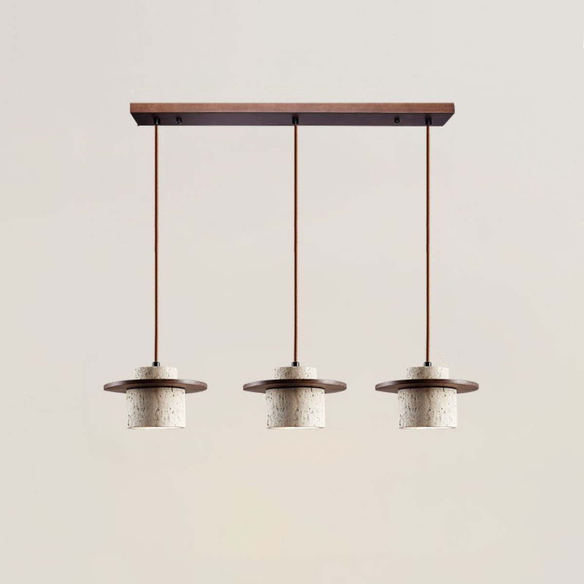 Lampa Wisząca Modernistyczna z Trawertynowym Kloszem i Drewnianym Dyskiem - Orzech