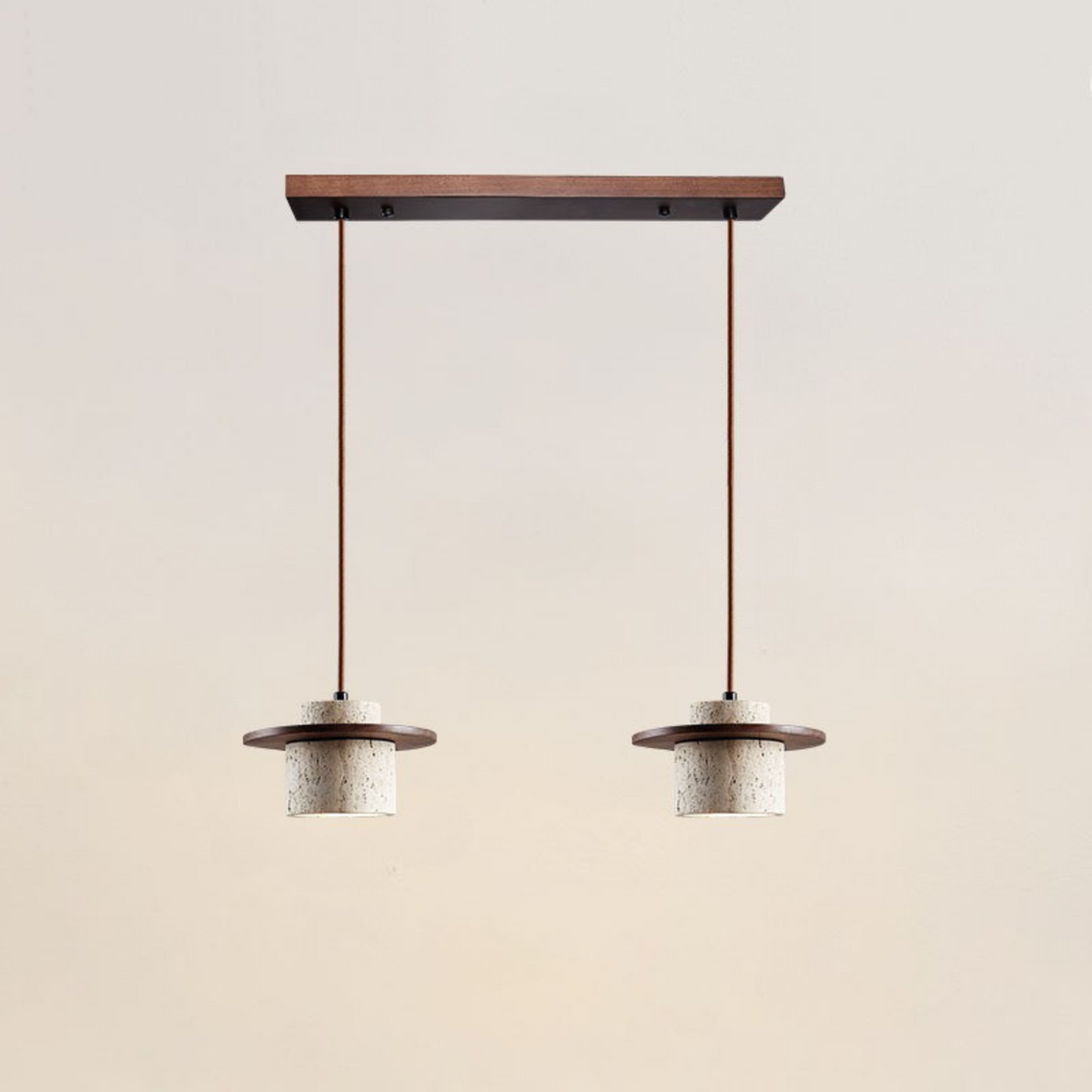 Lampa Wisząca Modernistyczna z Trawertynowym Kloszem i Drewnianym Dyskiem - Orzech
