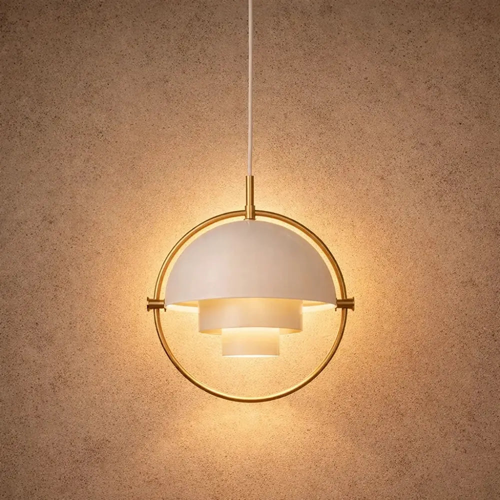 Lampa Wisząca Nowoczesna z Obrotowym Kloszem Kopułkowym i Złotą Ramą - Biały