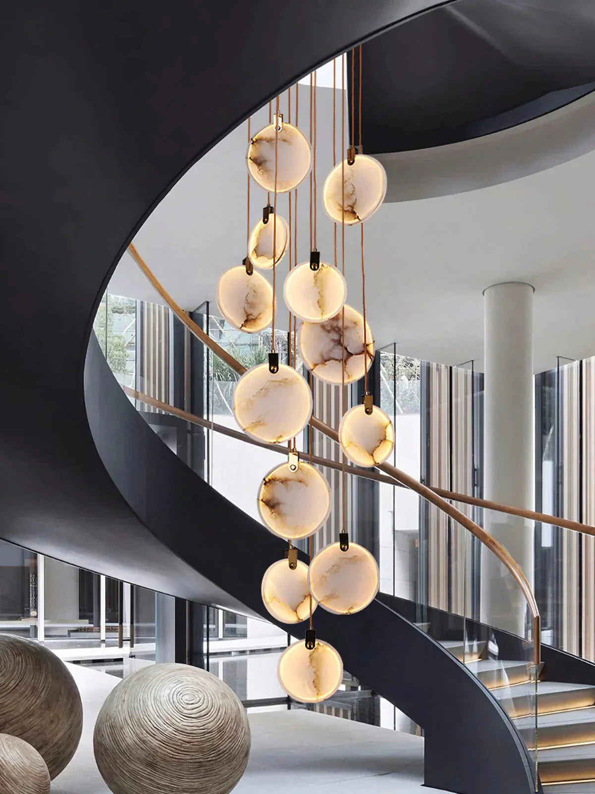 Lampa Wisząca Nowoczesna z Okrągłymi Kloszami Marmurowymi na Złotej Linie - 10