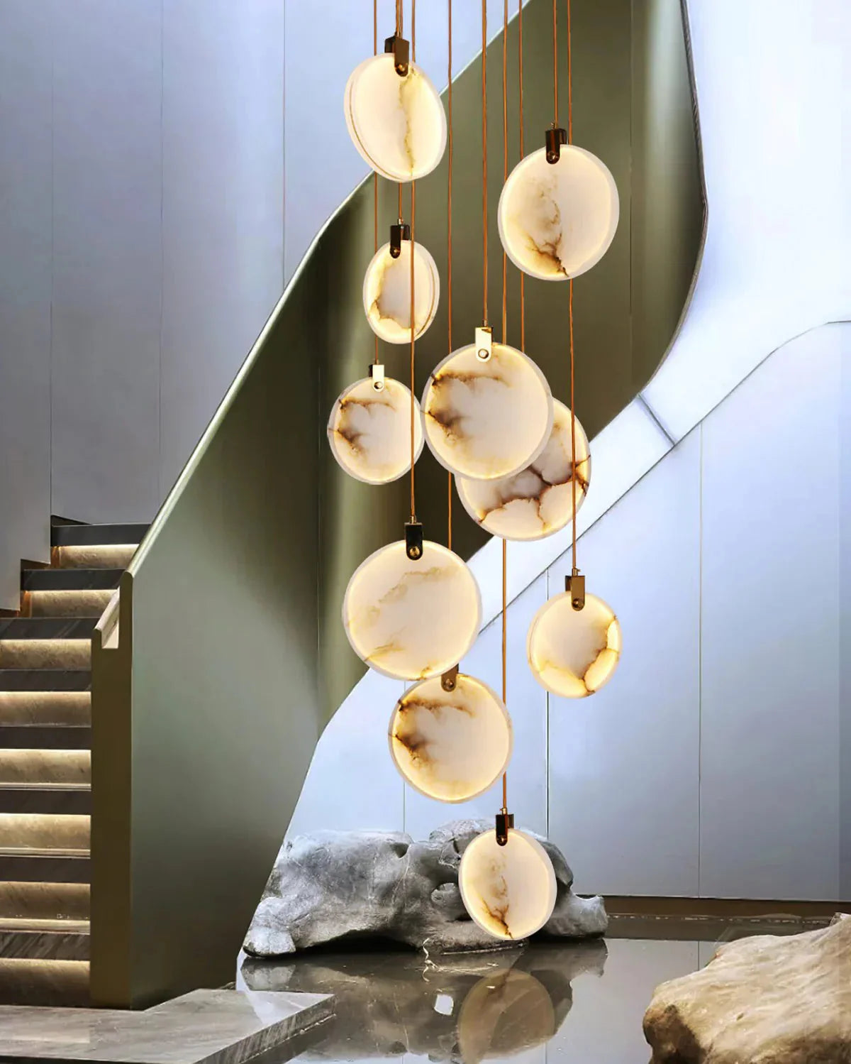 Lampa Wisząca Nowoczesna z Okrągłymi Kloszami Marmurowymi na Złotej Linie - 11