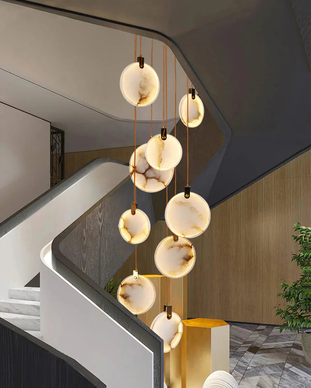 Lampa Wisząca Nowoczesna z Okrągłymi Kloszami Marmurowymi na Złotej Linie - 6