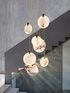 Lampa Wisząca Nowoczesna z Okrągłymi Kloszami Marmurowymi na Złotej Linie - 9