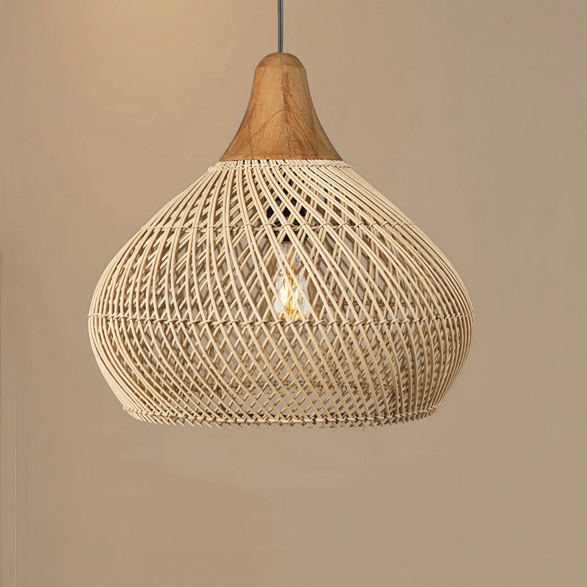 Lampa Wisząca Rattanowa Boho ze Drewnianym Detalem - 9
